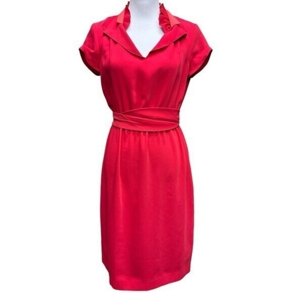 T Tahari Red & Coral Dress Belt Ruffled Collar V Neckline Size 6